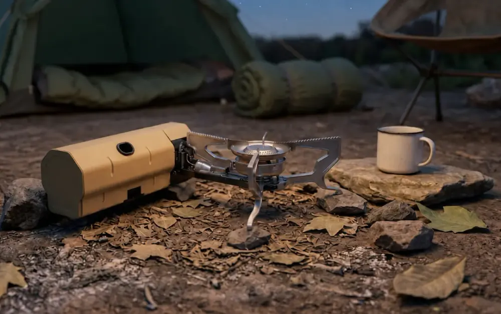 Qinux GoFlamex cooking at a campsite at dusk next to a tent and a camping mug