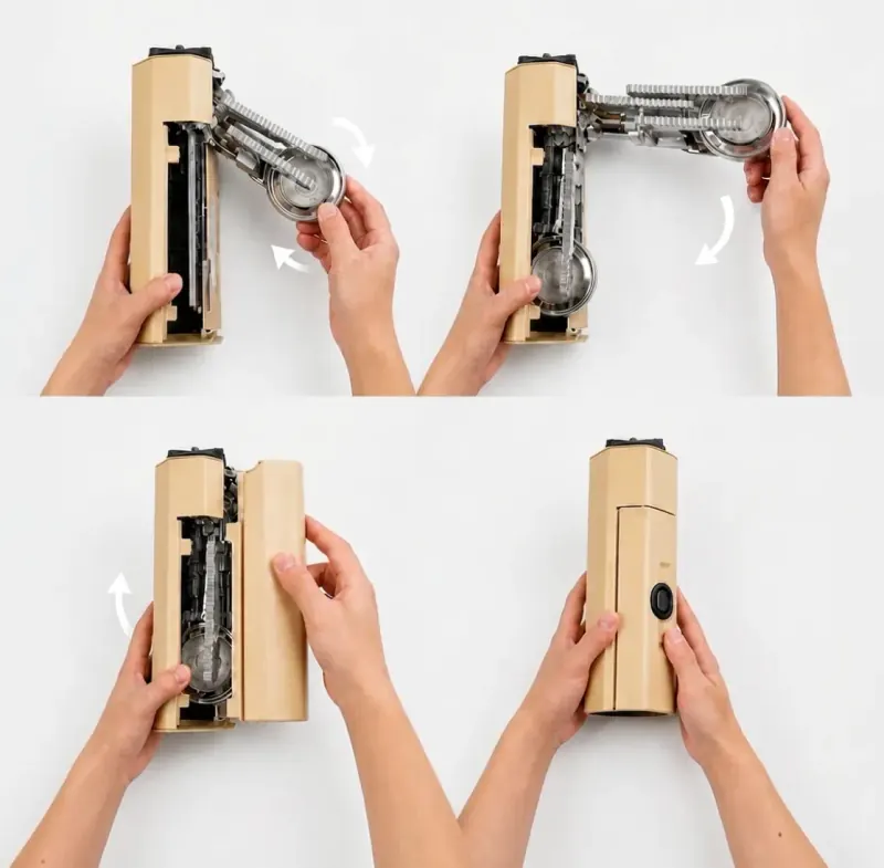 Step-by-step photos of hands folding the Qinux GoFlamex stove into its compact case