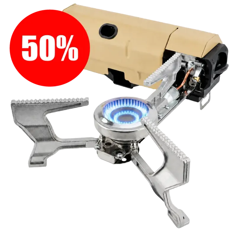 Qinux GoFlamex portable stove with a 50% off launch badge