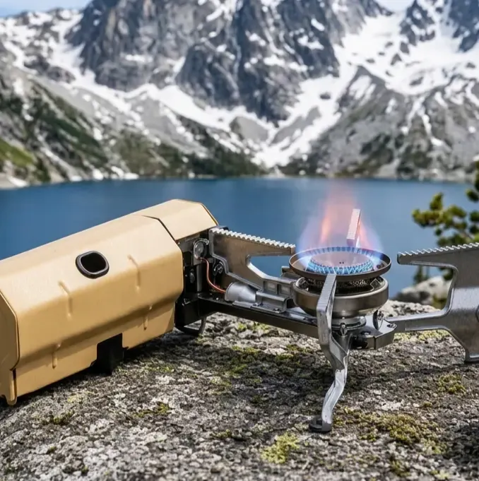 Qinux GoFlamex stove burning a steady blue flame outdoors with mountains behind