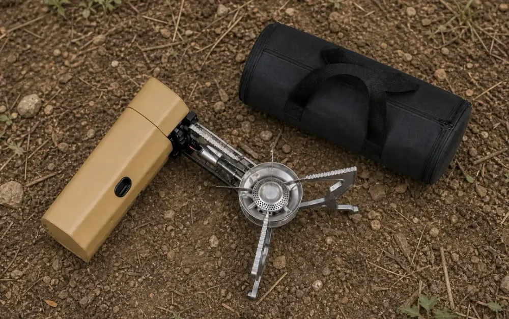 Qinux GoFlamex folding stove next to its black protective carry pouch on the forest floor